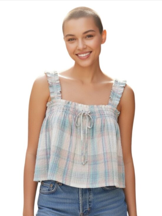 American Eagle Outfitters Tops - NEW American Eagle Outfitters X-Small Cotton Cropped Top Pink Blue Green Plaid